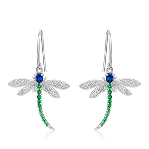 Orecchini a Forma di Libellula Placcati Argento con Zirconi, Design Insetto, Gioielli Pendenti alla Moda da Donna per Feste - Product Image 1