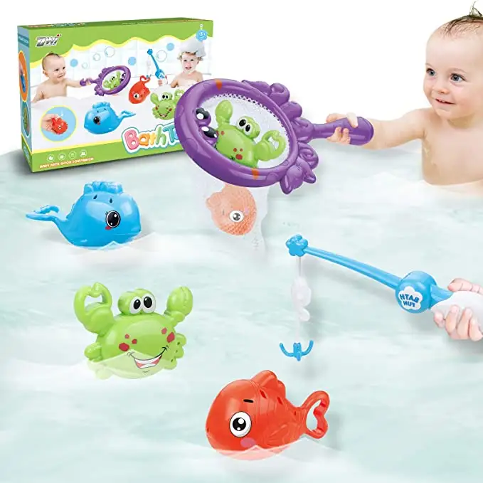 DWI Dowellin Baby Bath Toys Fishing Game Hairtail Net Without BPA Mildew Fish Crab Water Bath Time Bath Toy Animal
