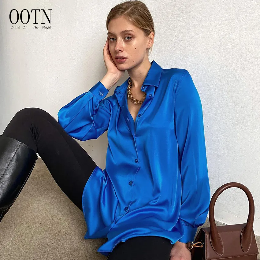 Ootn Knop Lente Zomer 2022 Dames Kantoor Losse Tops Trendy Blauw Lange Mouwen Revers Blouses Elegante Womens Satin Shirts