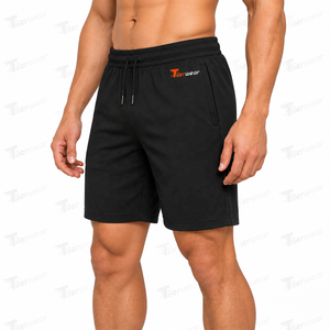 Shorts Bermuda pour homme, couleur noire unie, avec cordon de serrage à la taille et poches, décontractés, tricotés, respirants, en tissu molletonné - Product Image 2