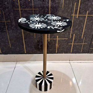 <b>Round</b> <b>Black</b> Wood <b>Side</b> <b>Table</b> with Floral Bone Inlay Top Brass Metal Pedestal and Decorative Base Modern Accent Furniture - Product Image 1