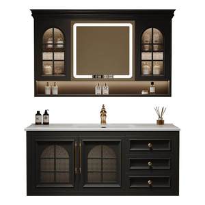 Meuble-lavabo de salle de bain moderne de luxe en MDF et bois massif laqué, finition chêne, avec vasque en céramique, miroir intelligent mural, résistant à l'eau - Product Image 6