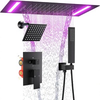 Système de douche LED ENGA à double fonction pluie et cascade, tête rectangulaire de 6 pouces en laiton et acier inoxydable, finition noir mat