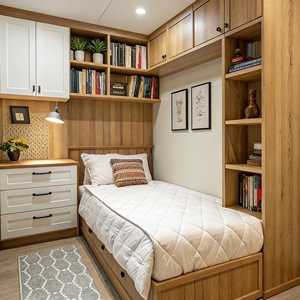 เตียงพร้อม<span class=keywords><strong>ตู้</strong></span><span class=keywords><strong>เสื้อผ้า</strong></span>แบบสั่งทำพิเศษ พร้อมชั้นวางหนังสือแบบเปิด สไตล์มินิมอล ทำจากไม้เนื้อแข็งและแผงประตูแบบด้าน เหมาะสำหรับห้องนอนและห้องทำงาน - Product Image 1