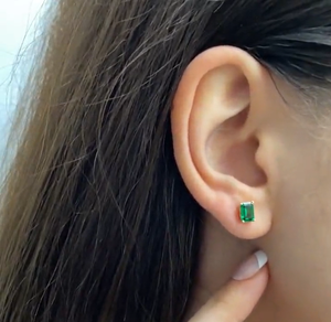Vintage Natural <b>Emerald</b> 6x4mm Baguette Cut Stud <b>Earrings</b> in 14K Yellow <b>Gold</b> | Genuine <b>Emerald</b> Gemstone Wedding <b>Earrings</b> - Product Image 2