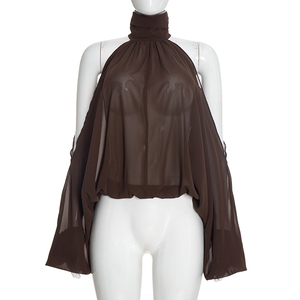 Viviblook C26ST343 Ensemble haut à manches longues et pantalon court sans bretelles pour femme, couleur unie, col rond, épaules dénudées - Product Image 4