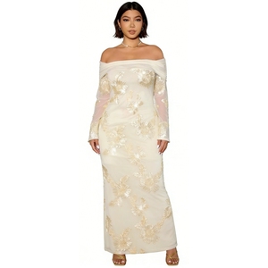 Robe longue maxi pour femme grande taille à épaules dénudées avec broderie florale et manches transparentes – Robes de soirée élégantes - Product Image 2
