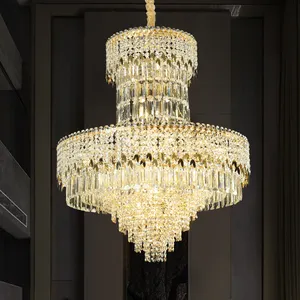 Lampu gantung kristal panjang dupleks, lampu gantung mewah untuk ruang tamu lorong apartemen hotel lobi