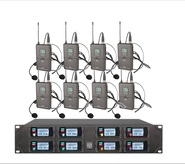 GPUB UF-8100 8-Channel UHF Wireless Microphone System Handheld/Lavalier/Headset Mic for Karaoke & Conference Presentations