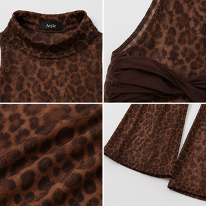 Conjunto de Dos Piezas A&J OEM ODM con Logotipo Personalizado para Mujer, Top Halter con Malla de Leopardo y Aberturas, Pantalones Acampanados, Ropa Sexy para Club, Fabricante MOQ50 - Product Image 2