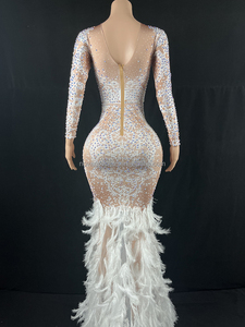 Body Con diamante da donna Sexy in rete vedo attraverso abiti da sera abiti da sera Auto Show di compleanno costumi da ballo abiti in piuma bianca - Product Image 5