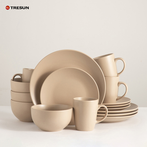 Vajilla de Lujo Moderna de 16 Piezas de Cerámica <span class=keywords><strong>Gres</strong></span> Apta para Microondas, Juego de Loza Clásica Esmaltada Color Piedra Beige Brillante para 4 Personas - Product Image 1