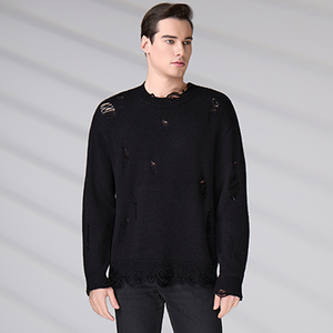 Custom Fall Winter Men's Distressed Ripped Wool Sweater Black Oversized Crew Neck Knit <b>Pullover</b> <b>Jumper</b> - Product Image 5
