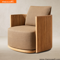 Fauteuil de salon d'extérieur en teck avec structure cannelée, chaise individuelle en tissu d'extérieur pour complexe hôtelier, jardin et zone de loisirs en plein air