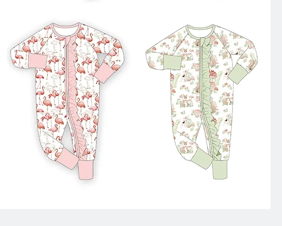 Toptan Unisex fırfır bambu Fiber Romper bebekler için örme bebek fermuarlı ayaklı pijama seti ile önlüklü çocuk giyim