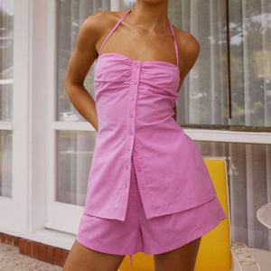 Conjunto de Dos Piezas de Lino para Mujer, Estilo Casual, Top de Lino con Tirantes Finos, Pantalones Cortos de Lino con Cintura Elástica, OOTD - Product Image 1