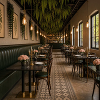 Ensemble de salle à manger de restaurant avec base en bois courbé, table à plateau en marbre et banquette en cuir vert capitonnée, personnalisable OEM