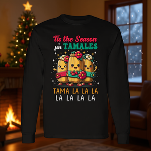 T-shirt à manches longues unisexe avec col rond et impression numérique, motif humoristique de vacances, design Meme, saison des Tamales - Product Image 3