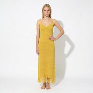 OEM ODM Robe longue d'été sans manches pour femme, en tricot bouclé crocheté, taille naturelle, infroissable, jacquard uni, à franges, style vintage décontracté - Product Image 1