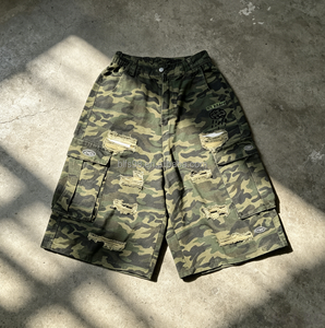Men's Camouflage Cargo Shorts Mid Waist Elastic <b>Drawstring</b> Ripped Street Style Bermuda Shorts With Pockets Plus Size - Product Image 1