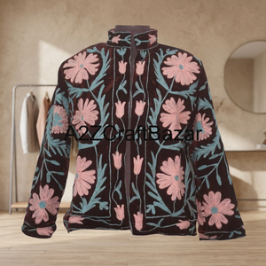 Blouson en velours pour femme, broderie florale, col mandarin, manches longues, fermeture éclair, fait main, automne - Product Image 5