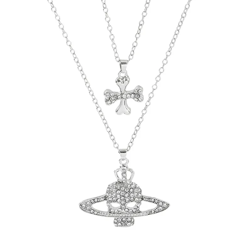 2 Pcs/Set Gothic Rhinestone Saturn Planet Necklace Women Punk Crystal Skull Cross Pendant Necklaces For Men Halloween Gift