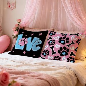 Federa per cuscino con impronta di zampa di <span class=keywords><strong>cane</strong></span> per San Valentino, cuore rosa e blu e osso, perfetta per occasioni romantiche, anniversari - Product Image 4