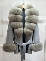 JANVENY 2025 Nouvelle veste courte en laine et cachemire pour femme, avec ceinture et poches, mélange de laine, poignets en fourrure de renard véritable naturelle