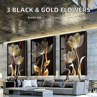 Lot de 3 tableaux muraux abstraits de luxe en alliage d'aluminium, motif floral noir et doré, décoration intérieure moderne, 30x40cm, encre écologique