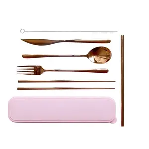 Cubiertos reutilizables, tenedor, palillos, juego de cubiertos portátil con estuche, cubiertos de oro rosa