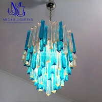 Lustre en verre prismatique bleu transparent côtelé de style médiéval français, luminaire suspendu Art Déco pour villa, salon, salle à manger, hall d'entrée