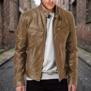 Chaqueta de Motociclista de Cuero Marrón para Hombre, Corte Ajustado, Cuello Alto, Cierre de Cremallera, Manga Larga, Color Sólido, para Otoño - Product Image 3