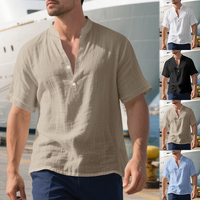 T-shirts Henley pour hommes en mélange de lin uni, col en V, patte de boutonnage, respirants, hauts d'été pour la plage, vente directe d'usine, personnalisation OEM