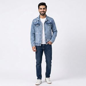 Veste en jean décontractée à manches longues pour hommes, personnalisée, style motard déchiré en denim bleu vintage, classique et populaire - Product Image 1