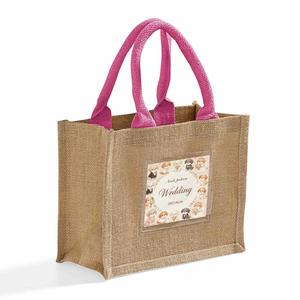Sacs fourre-tout en jute personnalisés en gros avec étiquette insérée, poignée rose, logo imprimé, écologiques, pour extérieur - Product Image 1