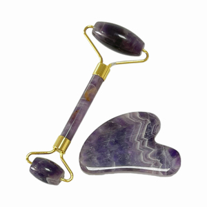 Hermoso juego de rodillos de jade facial Amatista portátil y cuarzo rosa Gua Sha para aplicación en cara y cuello - Product Image 1