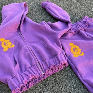Embroidery Patch Tracksuit Sweat Suits Women Distressed Two Piece Set <b>Cropped</b> <b>Zip</b> <b>up</b> Hoodies and Sweatpants Set Custom Sweatsuit - Product Image 4
