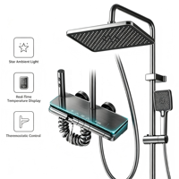 Système de douche thermostatique en métal brossé avec affichage numérique LED de la température, ensemble de douche pluie 4 fonctions avec lumière ambiante étoilée