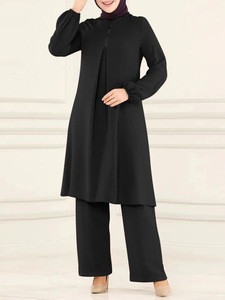 Logo personalizzato musulmano <span class=keywords><strong>donna</strong></span> autunno inverno top moda girocollo Turkish camicia a maniche lunghe <span class=keywords><strong>pantaloni</strong></span> larghi due pezzi completo - Product Image 3