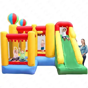 6 in 1 Hot Air Balloon Theme Inflatable Bouncy Bounce House Climbing Wall Slide Combo with Basketball Hoop Tunnel and Blower
