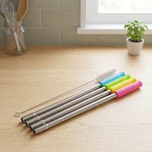 Reusable <b>Metal</b> Drinking <b>Straws</b> 4 Pack With Cleaning Brush Set Colorful Handles For Coffee Drinking - Product Image 5