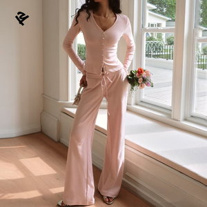 Abbigliamento Casual da <span class=keywords><strong>Donna</strong></span>, Set Due Pezzi con Cardigan a Maniche Lunghe con Scollo a V e Bottoni e <span class=keywords><strong>Pantaloni</strong></span> a Zampa, Completo <span class=keywords><strong>Rosa</strong></span> per Signore - Product Image 2