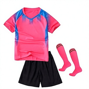 Custom Kids Soccer Uniform Set Pink Blue Gradient V-Neck Short Sleeve Jersey Black Shorts Pink <b>Socks</b> Moisture Wicking <b>Polyester</b> - Product Image 3
