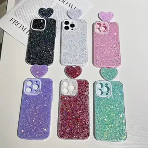 Casing Tiki mewah Tpu Glitter tahan guncangan casing ponsel dengan pemegang jantung diperpanjang dan Kickstand