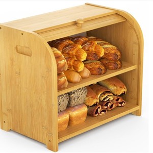 Boîte de rangement pour pain en bambou à double couche, couleur naturelle, anti-poussière, pour la cuisine, conteneur alimentaire de bureau - Product Image 1