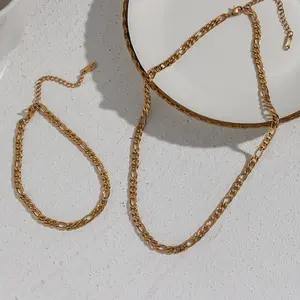 Necklace 18K Gold P{lated Stainless Steel Jewelry Women Fashion Minimalist Figaro Chain Bracelet