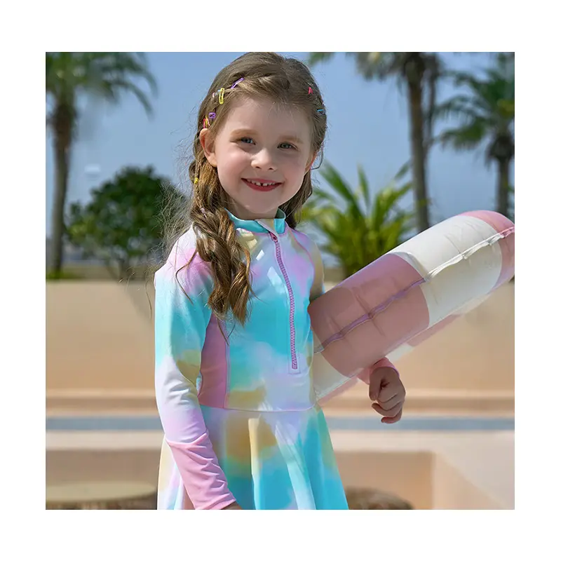 Aide Customized OEM Multi Color Tie Dye Long Sleeve Kids Boutique Dress Colorful Full Twirl Baby Girls Bow Dresses