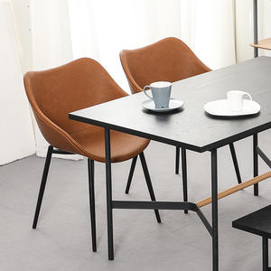 Dining Chair Brown Leather Black Legs <b>Backrest</b> Modern Style For Home Office Study Room - Product Image 3