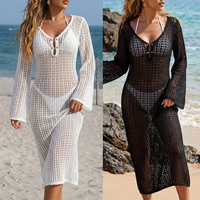 Direct van de fabriek: Sexy mesh gebreide strandjurk, uitgehold, diepe V-hals, bodycon, lange mouwen, resort cover-up