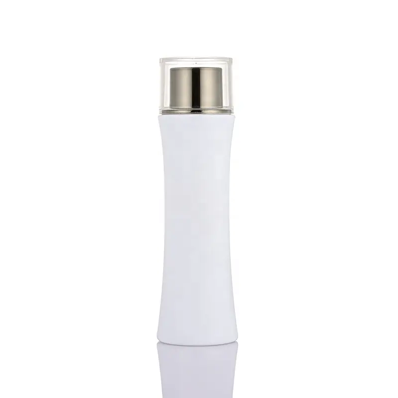 Nuovo modello elegante vita sottile imballaggio cosmetico bottiglia detergente bianca bottiglia di lozione acrilica con tappo a vite argento